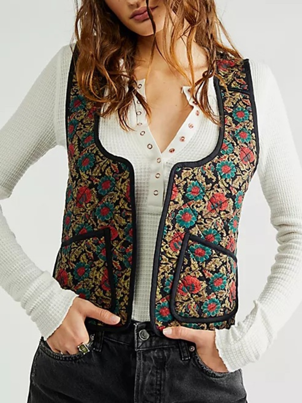 Free People Kenzie Quilted Vest Floral Patch Pockets Cottagecore Boho Large